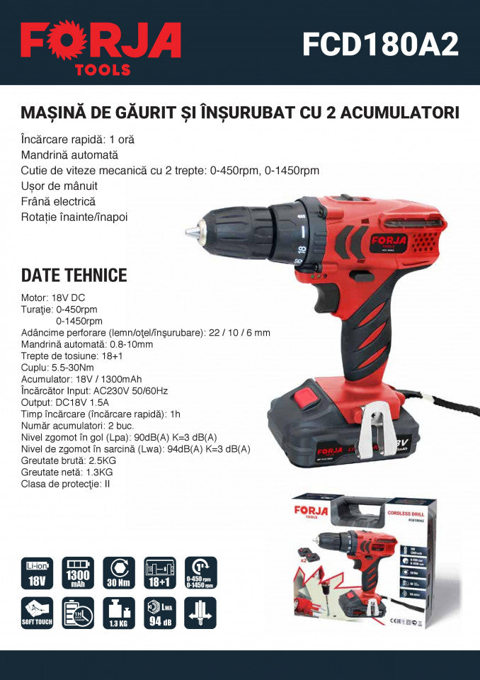 Masina de gaurit/insurubat 2AC 18V 1.3Ah 30Nm FCD180A2 - FORJA