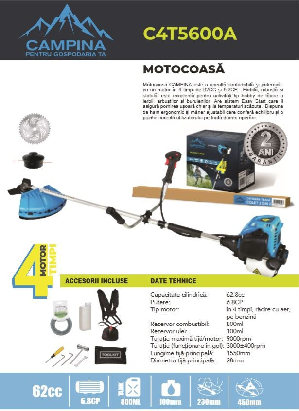 Motocoasa pe benzina Campina C4T5600A cu motor in 4 timpi