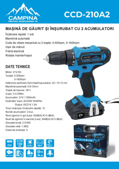 Masina de gaurit si insurubat 2AC 21V 1.3Ah 35Nm CCD-210A2 - CAMPINA