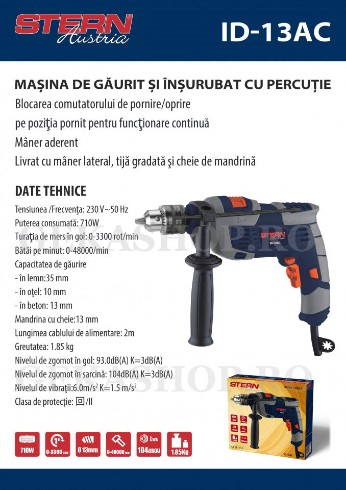 Masina de gaurit si insurubat cu percutie, 13mm, 710W, Stern Austria