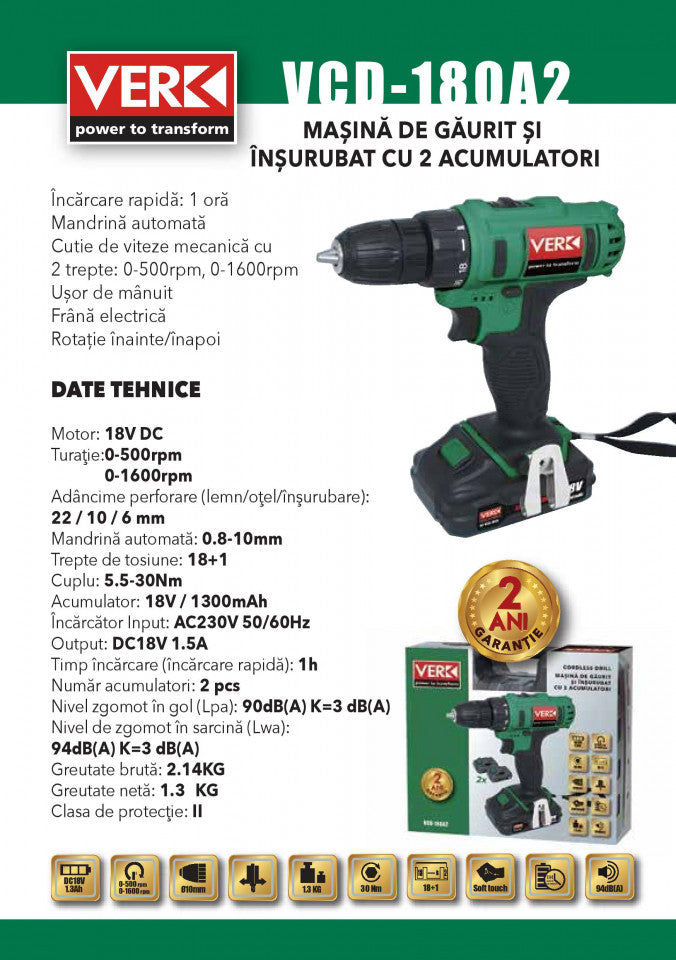 Masina de gaurit si insurubulat cu acumulator 18V 1.3Ah 30Nm