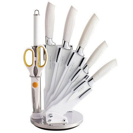 Set cutite 8 piese manere albe si suport acrilic - Royalty Line